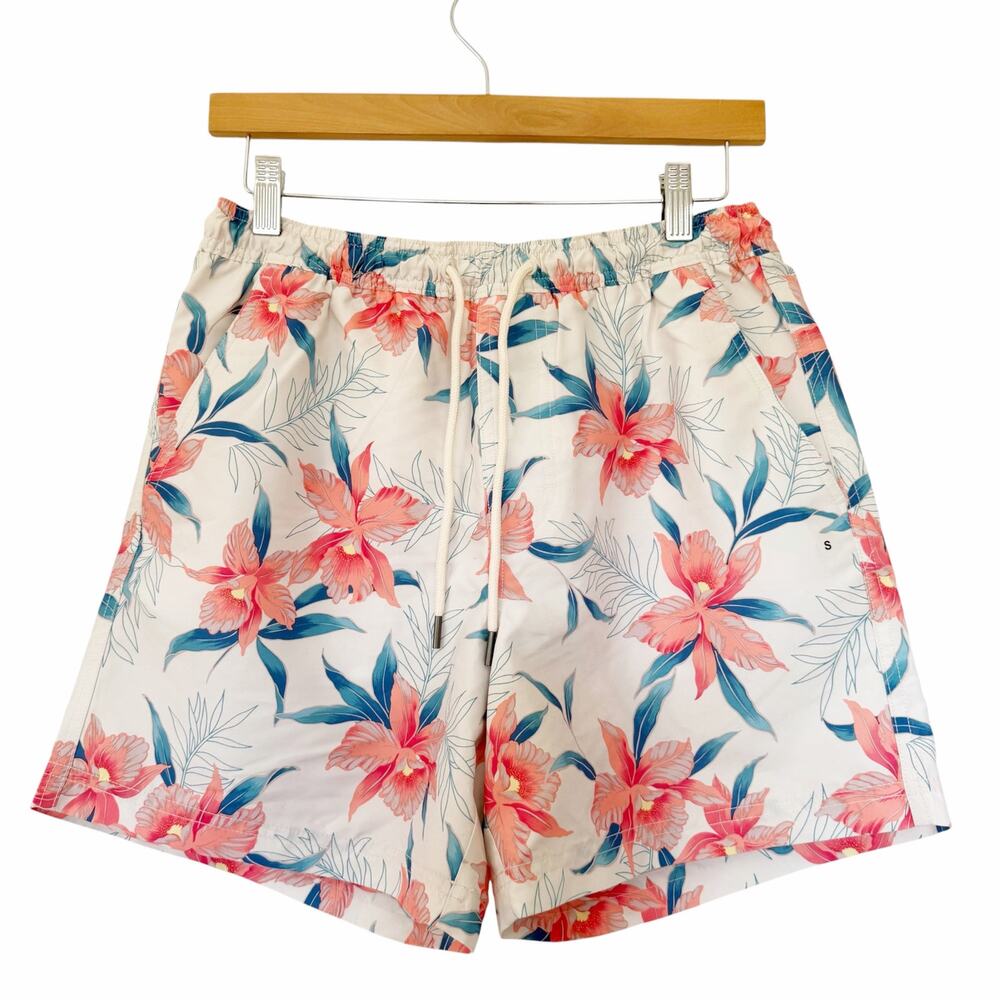 American Eagle White Floral Bathing Suit Swim Trunks Sz S